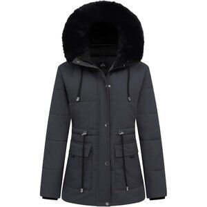 Women's Dark Gray Detachable Hood Puffer Jacket Coat Fleece Lined Faux Fur